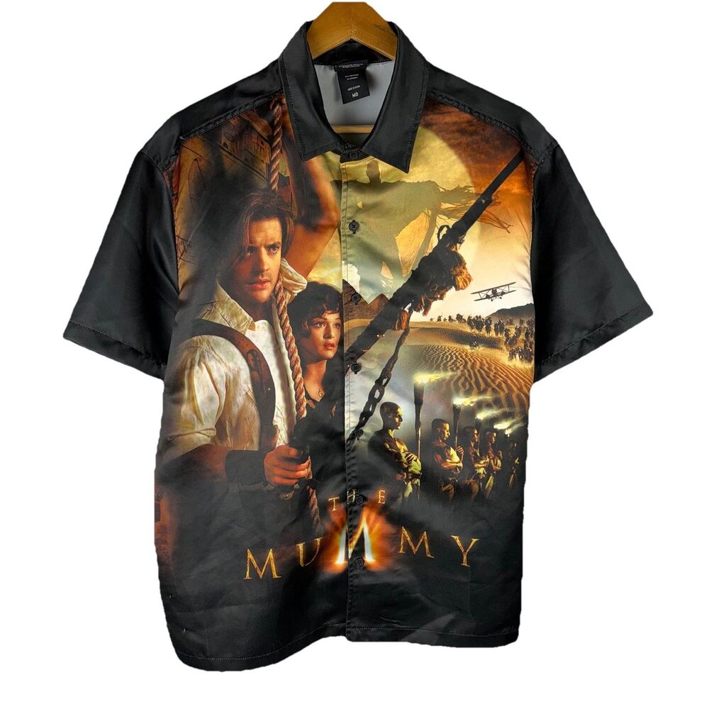 The Mummy Movie Poster Button Up Camp Shirt Mens M Brandon Frazier Universal
